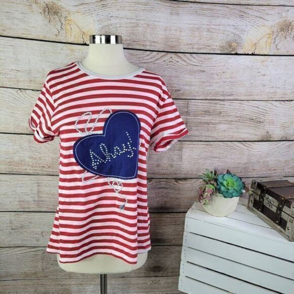 Newport News Women's Red & White Striped Embellished Short Sleeve Size Large